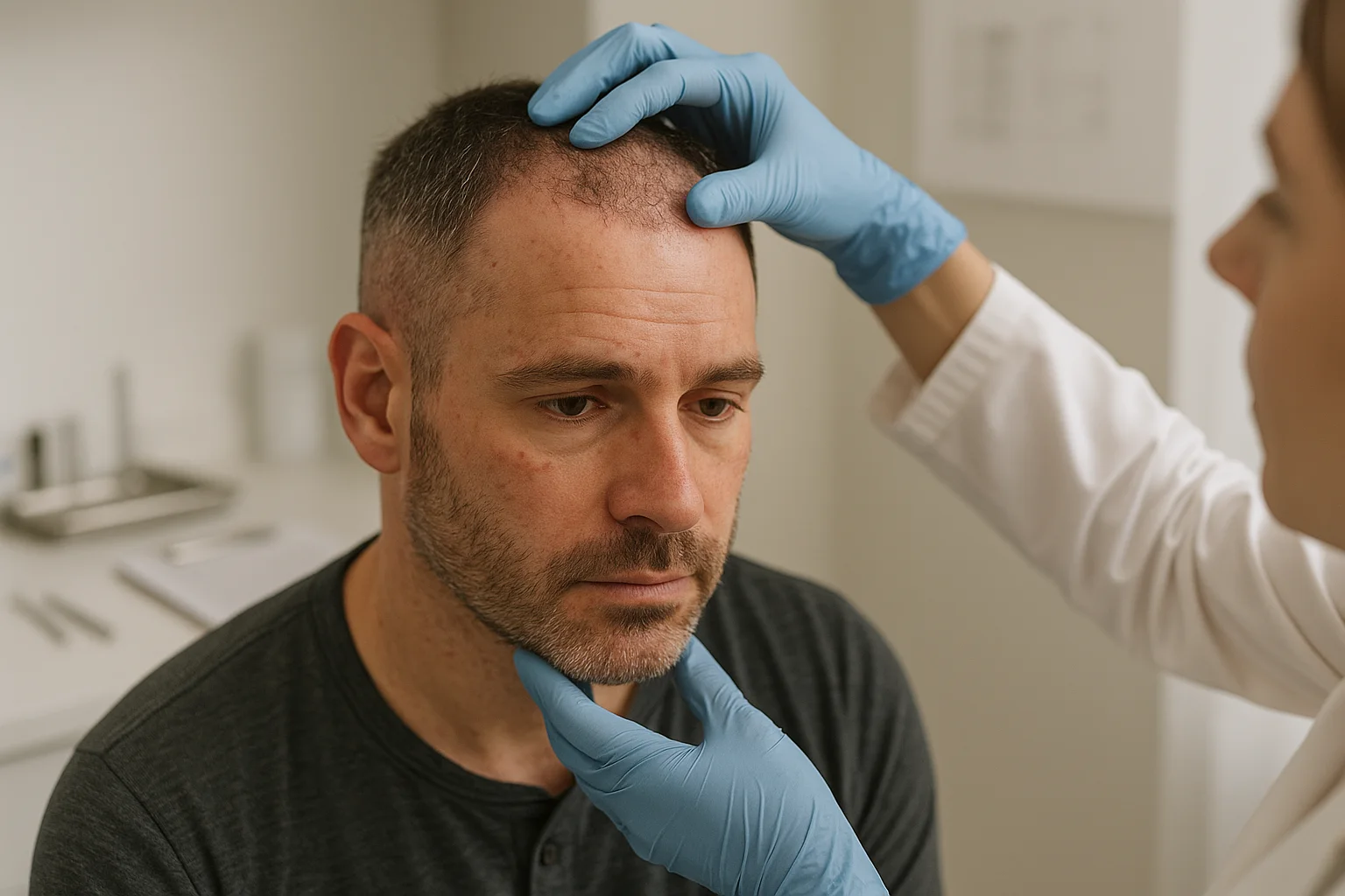 Male patient at post-op hair transplant follow-up in a modern clinic