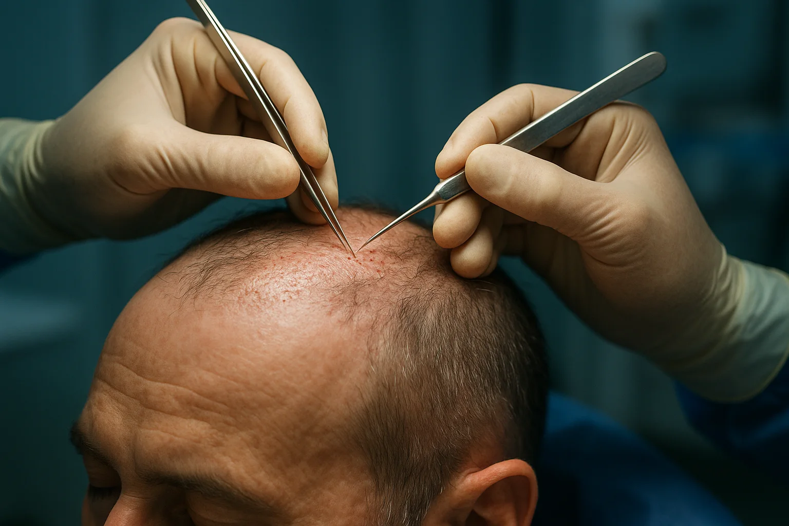 Middle-aged man in a modern hair restoration clinic examines his hairline .